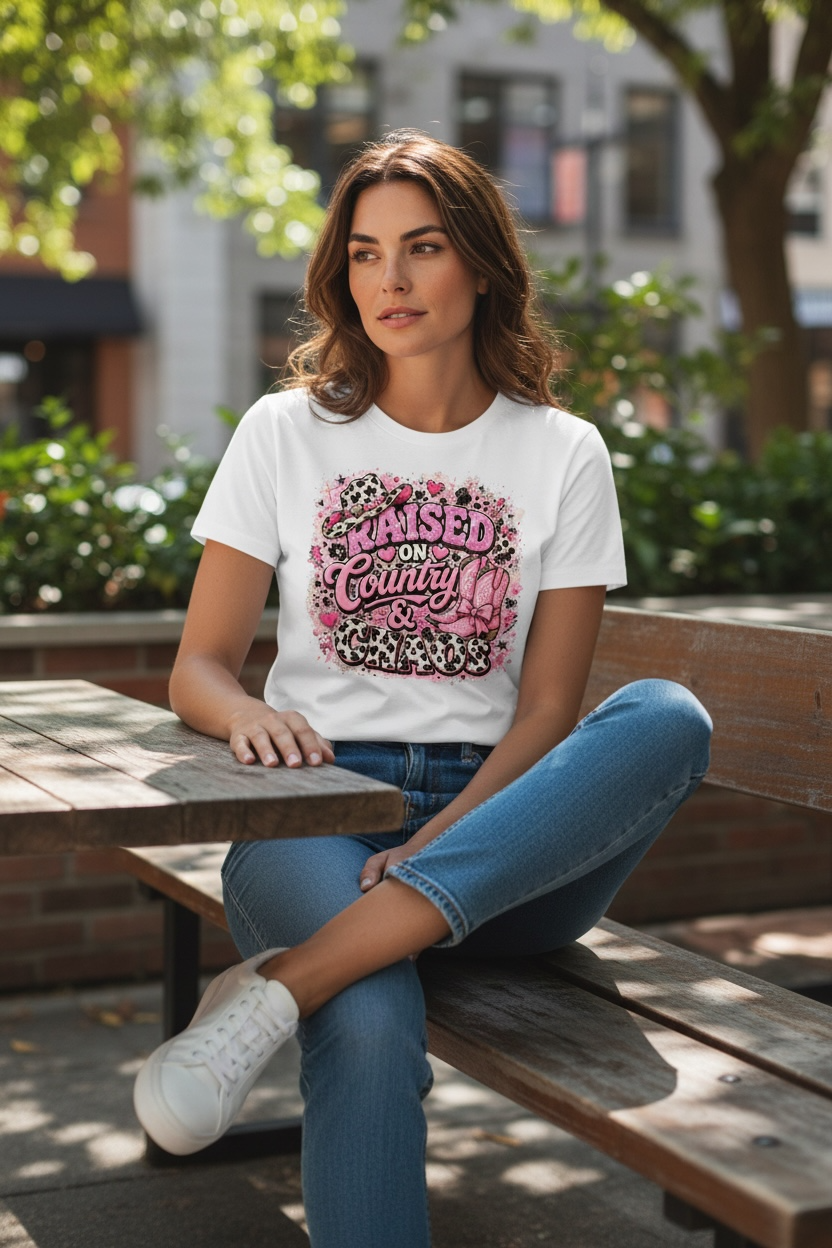 Woman sitting on a bench wearing a white t-shirt with colorful text and graphics.