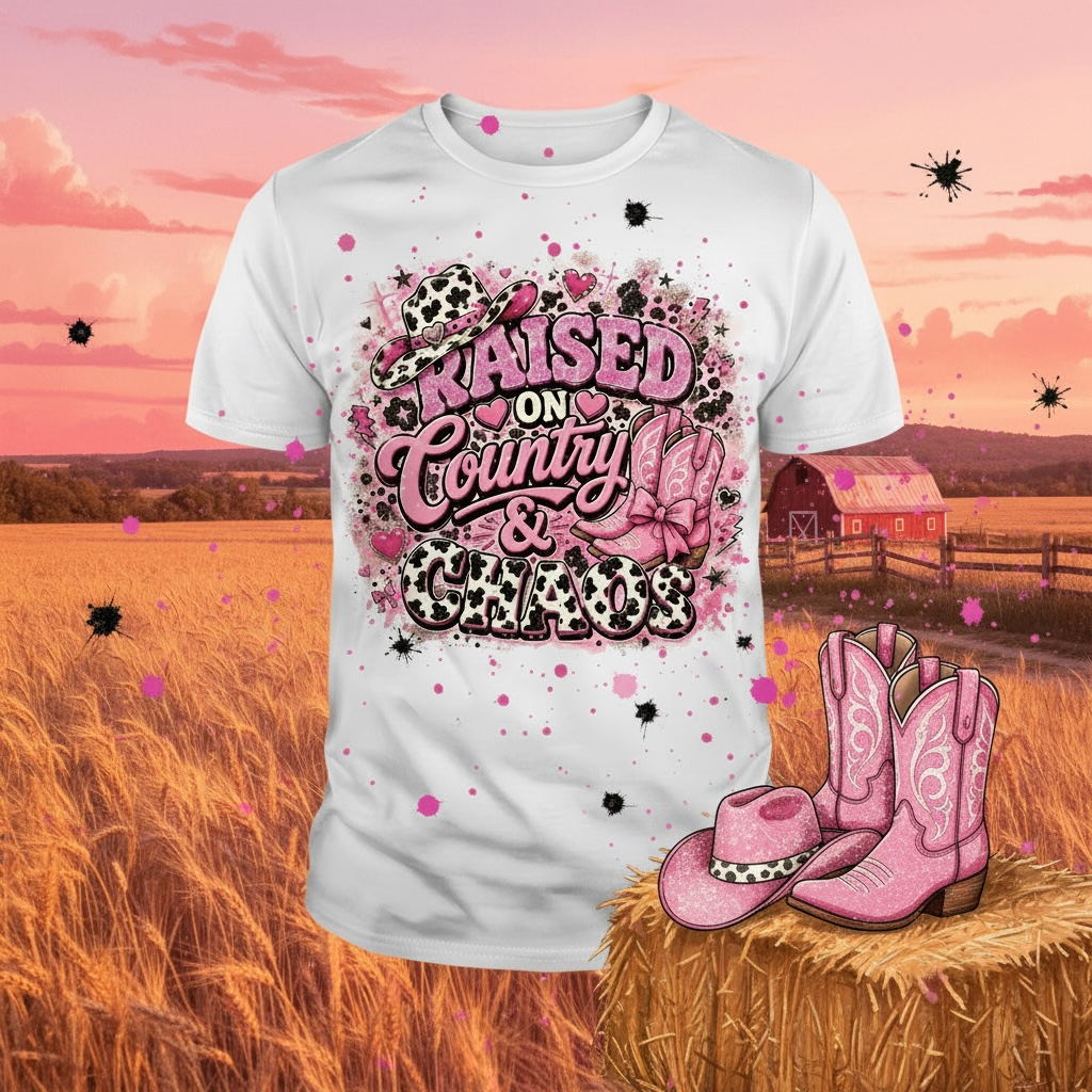 White t-shirt with 'Raised on Country & Glam' design, pink cowboy boots, and barn in the background