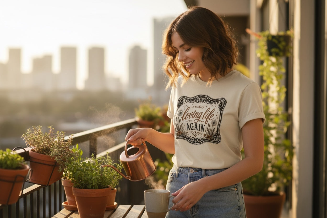 Southern Charm Design Works cream graphic t-shirt with dandelion print worn by a woman watering plants on a balcony.