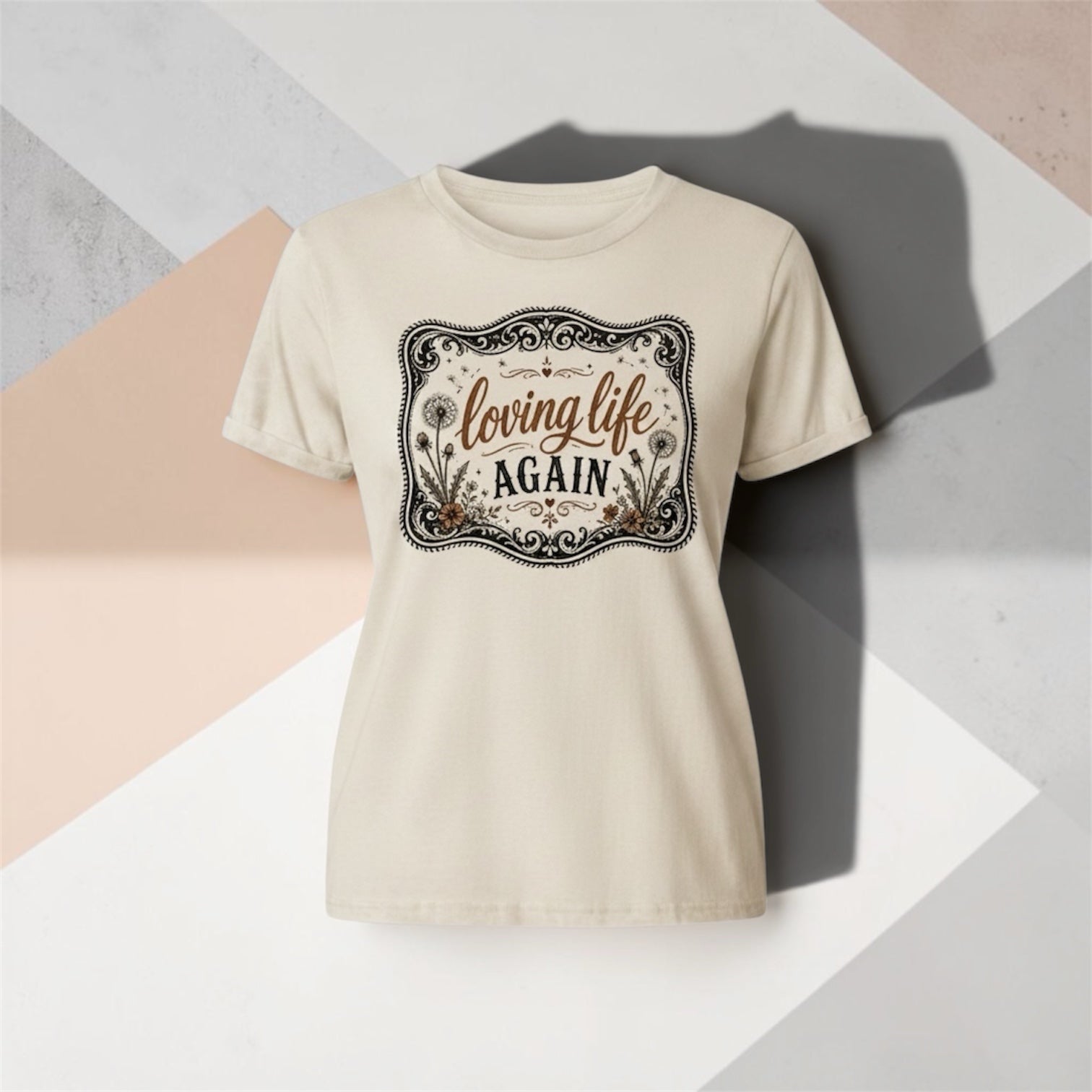 Southern Charm Design Works cream crewneck t-shirt with vintage-inspired Loving Life Again dandelion graphic print