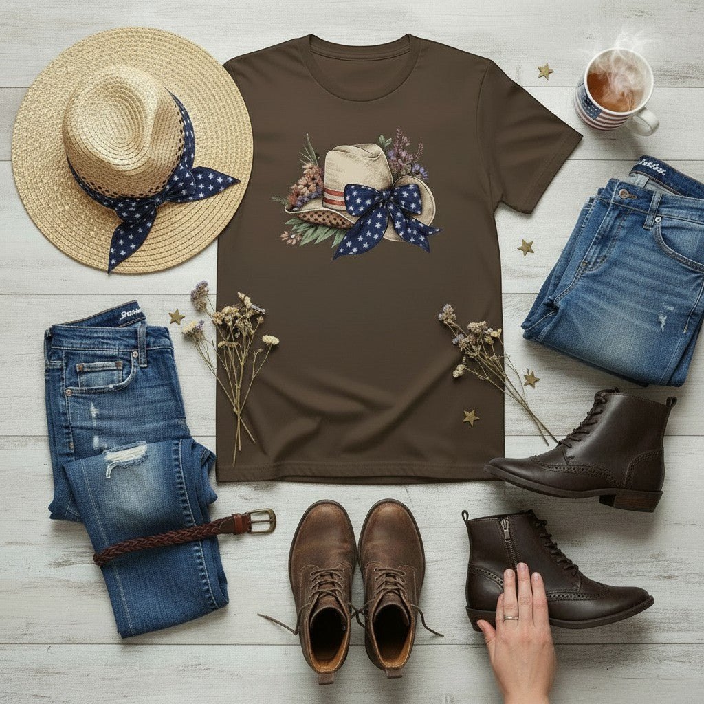 Southern Charm Design Works brown cotton t-shirt with patriotic cowboy hat and floral graphic. Features American flag ribbon.